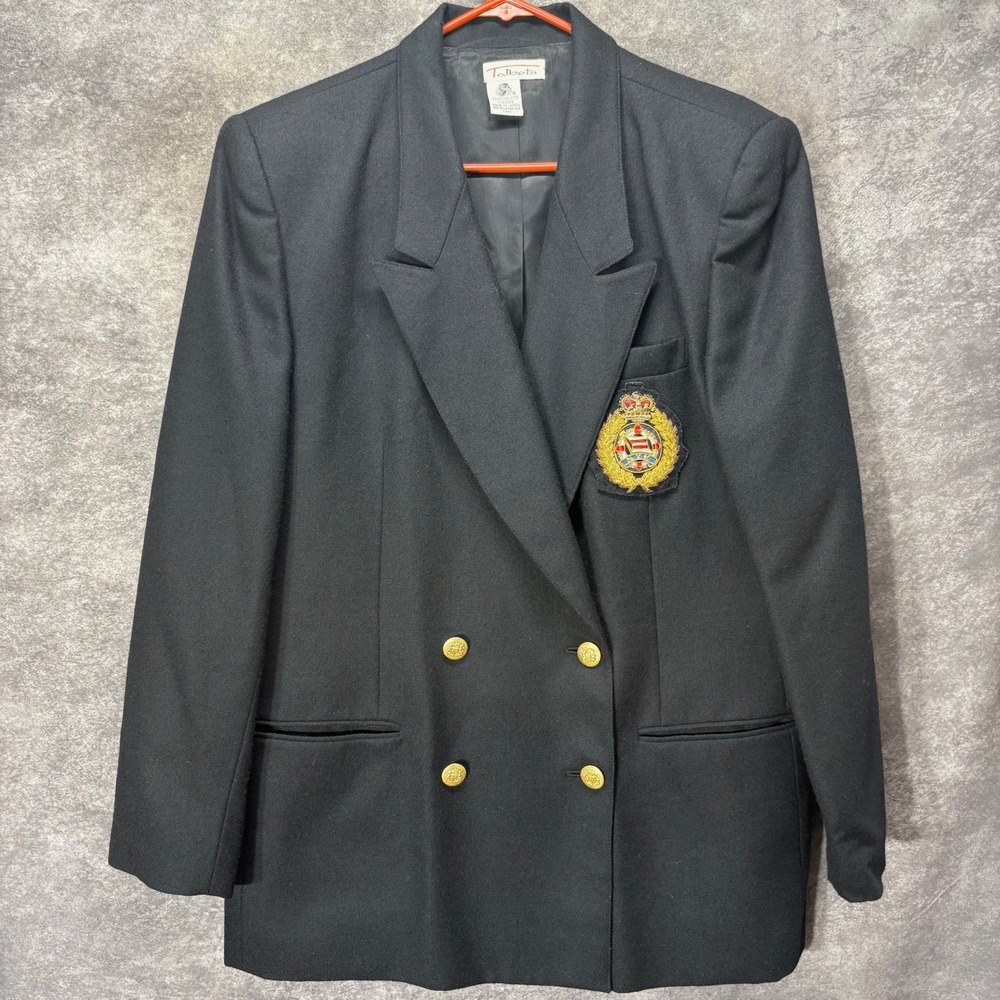 VTG Talbots Double Breasted Blazer Jacket Womens 14 16 Gold Buttons Crest Logo